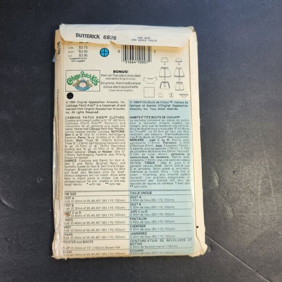 Butterick 6825 Cabbage Patch Kids Doll Clothes Pattern Western Wear - Picture 6 of 9